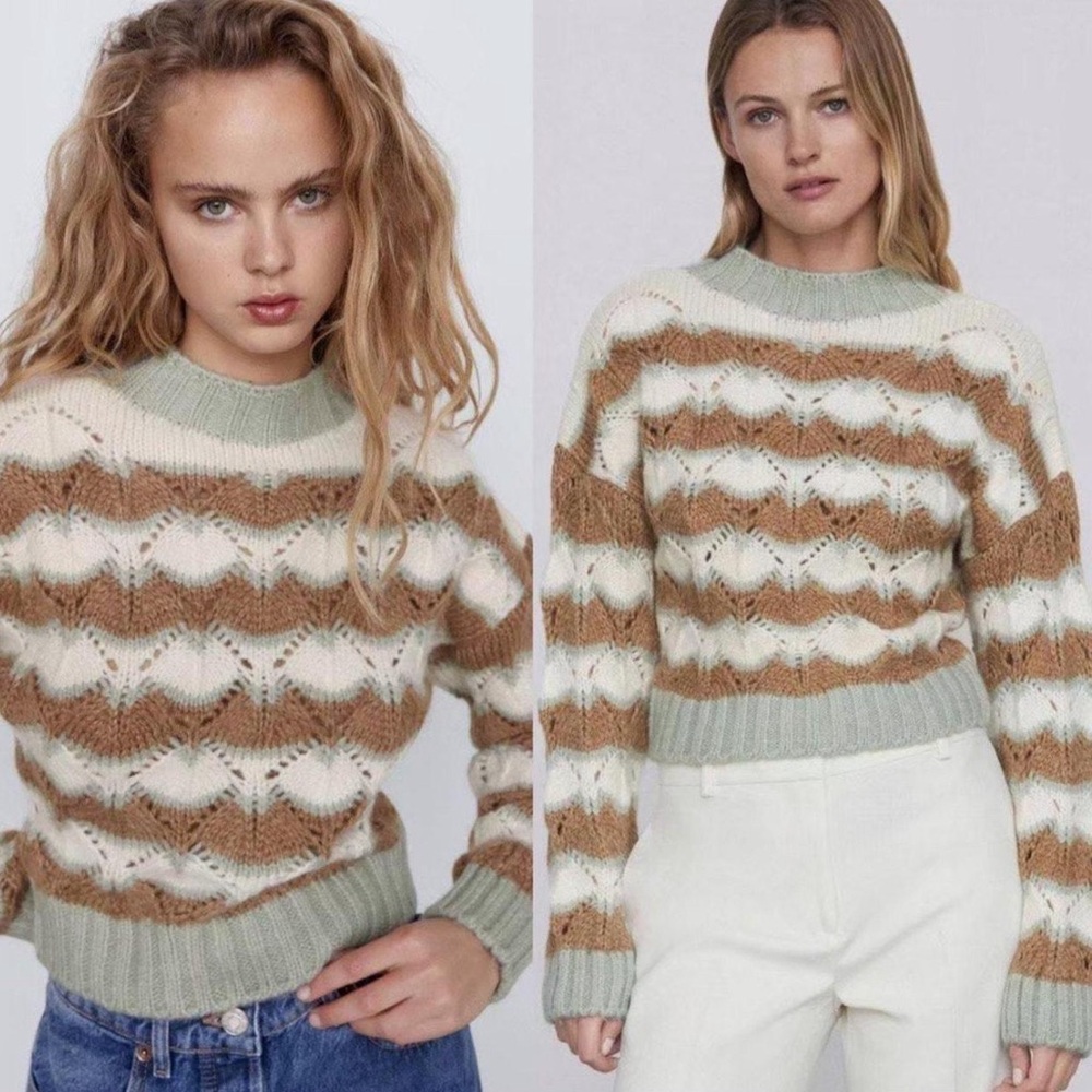 Zara Alpaca Wool Blend Pointelle Striped Knit Sweater Sage Cream Brown Size S